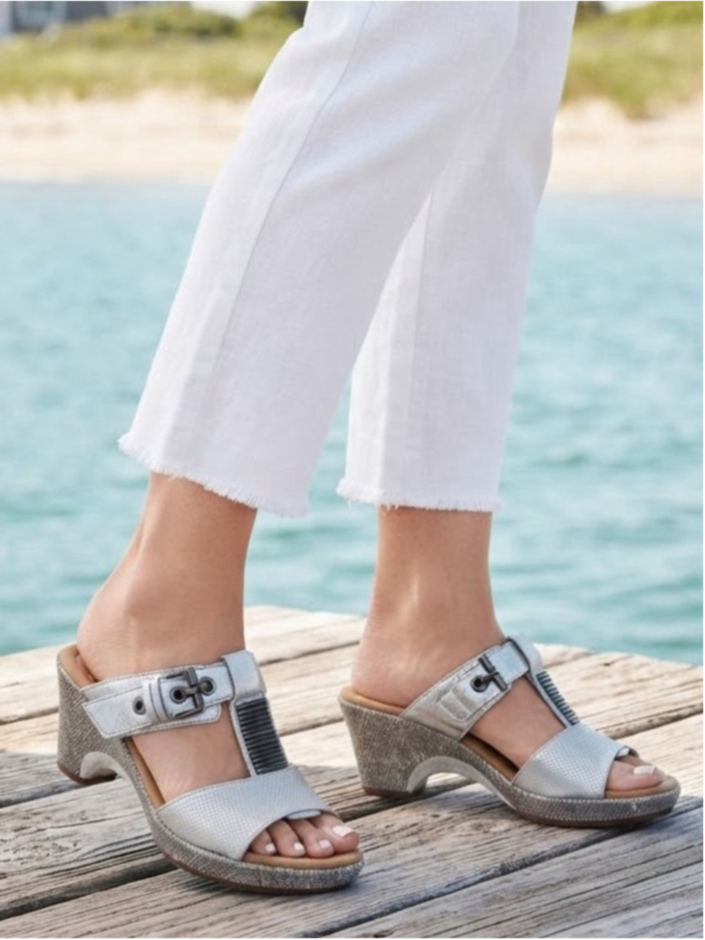 NEW Gabor T-Bar Buckle Strap Wedge Leather Sandals in Silver and Tweed UK4/ US 6